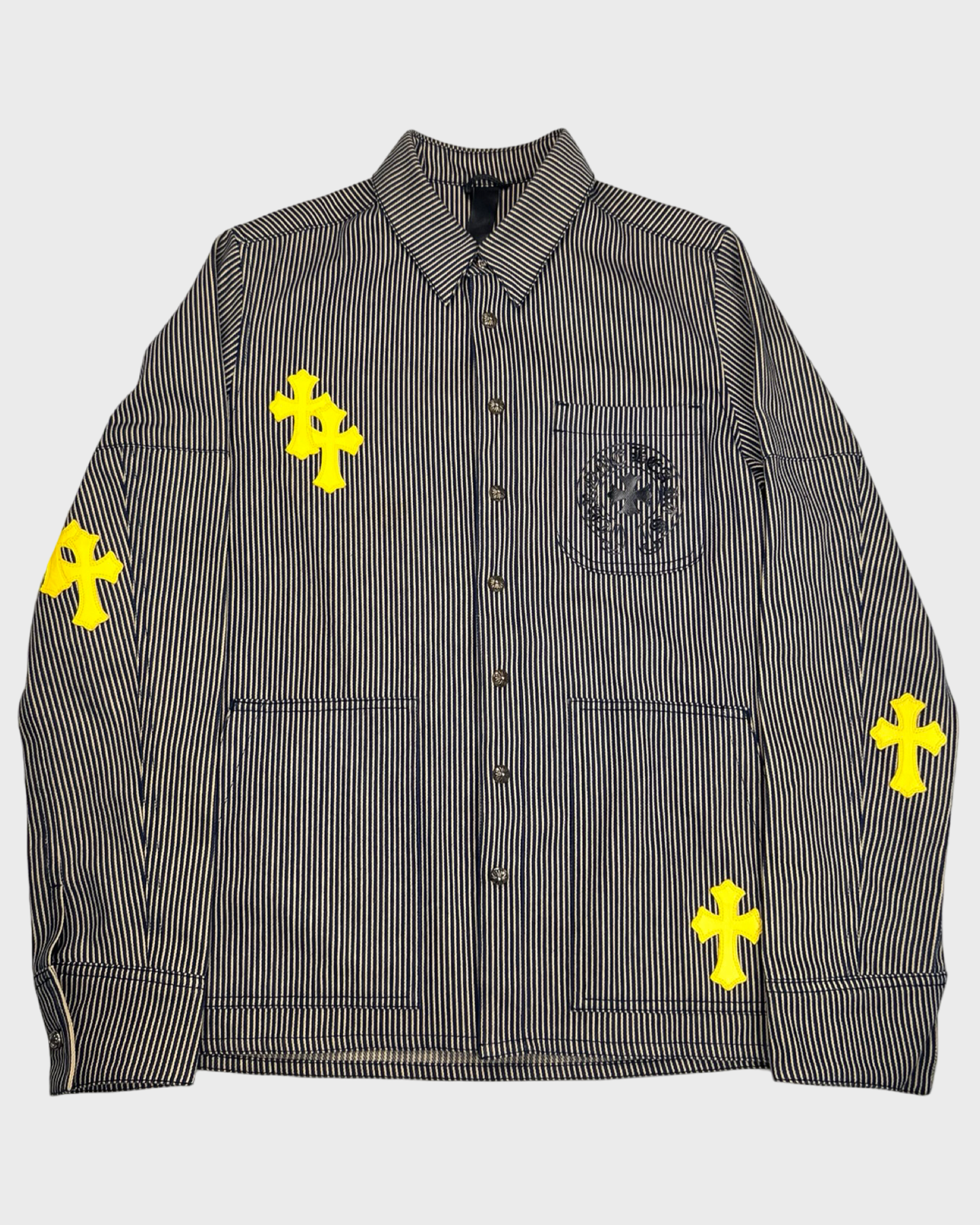 Chrome Hearts 1of1 yellow cross patched Button Up Shirt railway work coat SZ:M