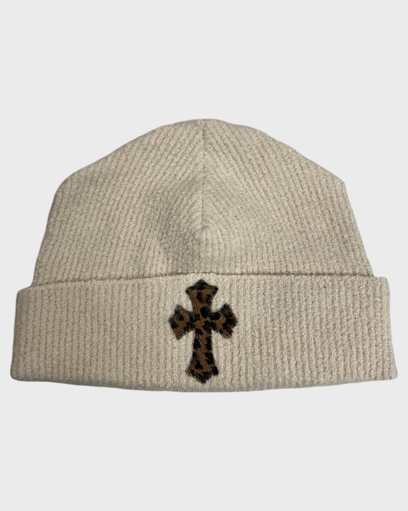 Chrome Hearts Leopard Cross Patched White Beanie SZ:OS