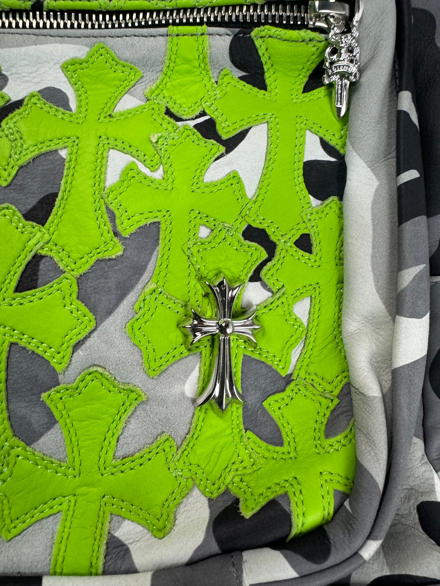 Chrome Hearts 7th Grade Special London Exclusive Snow camo backpack with lime green cross patches SZ:OS