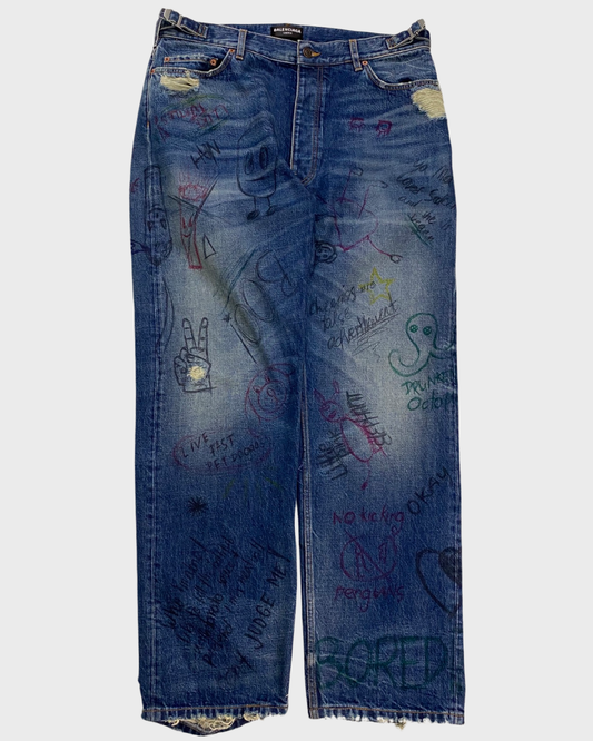 Balenciaga AW22 scribbled baggy jeans in dark blue SZ:M
