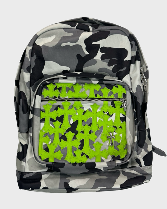 Chrome Hearts 7th Grade Special London Exclusive Snow camo backpack with lime green cross patches SZ:OS