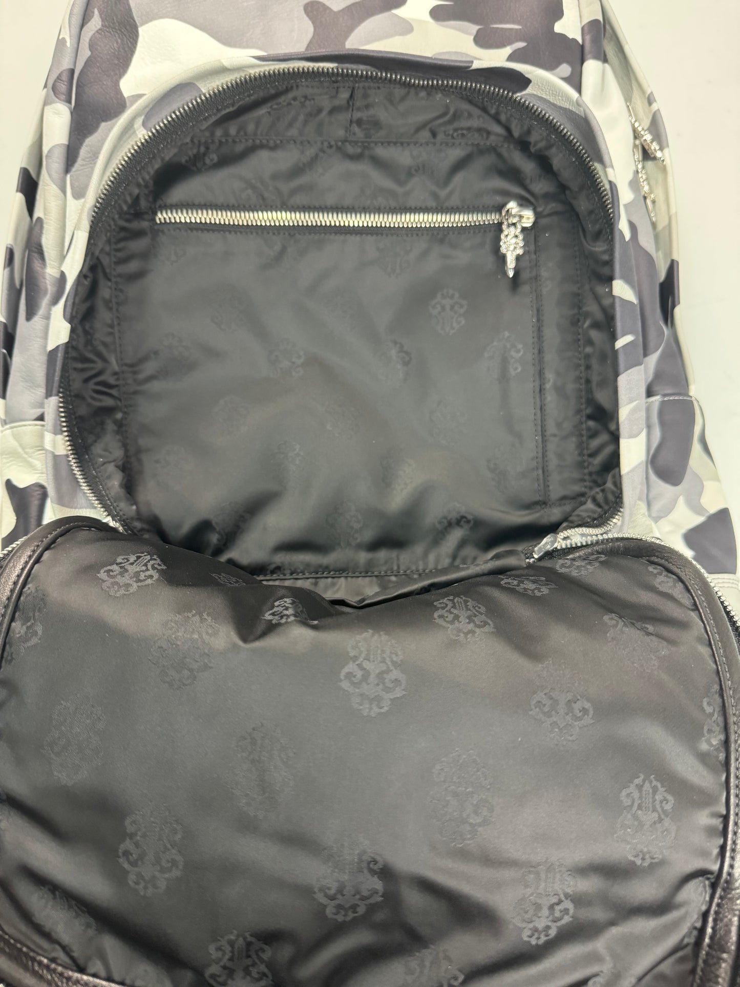 Chrome Hearts 7th Grade Special London Exclusive Snow camo backpack with lime green cross patches SZ:OS