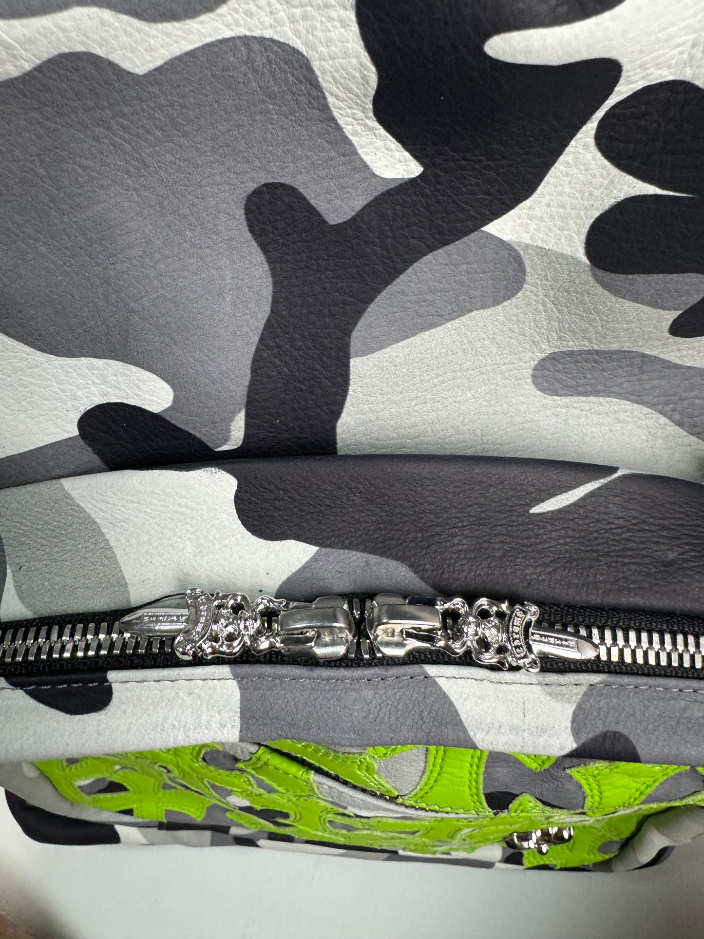 Chrome Hearts 7th Grade Special London Exclusive Snow camo backpack with lime green cross patches SZ:OS