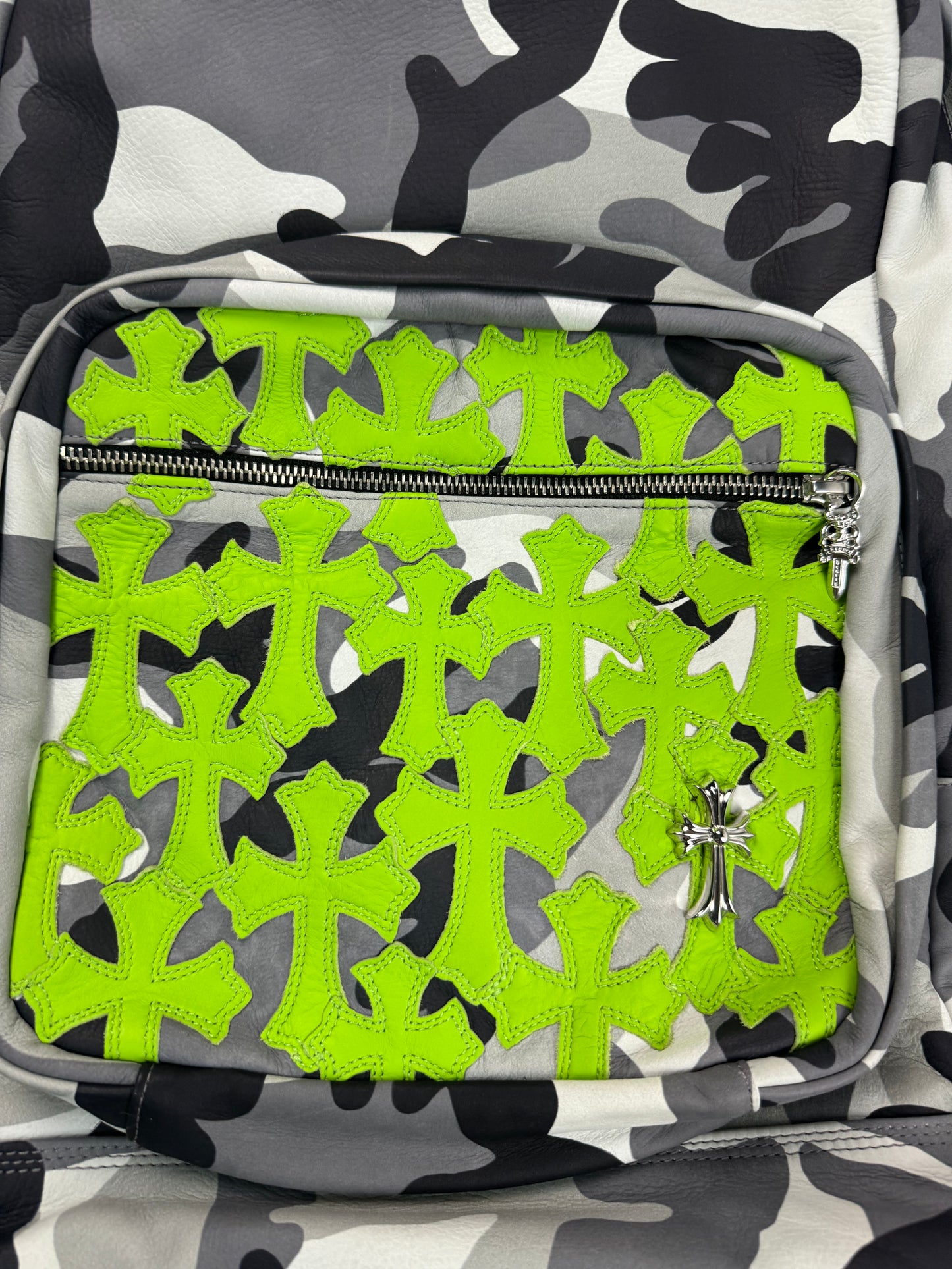 Chrome Hearts 7th Grade Special London Exclusive Snow camo backpack with lime green cross patches SZ:OS