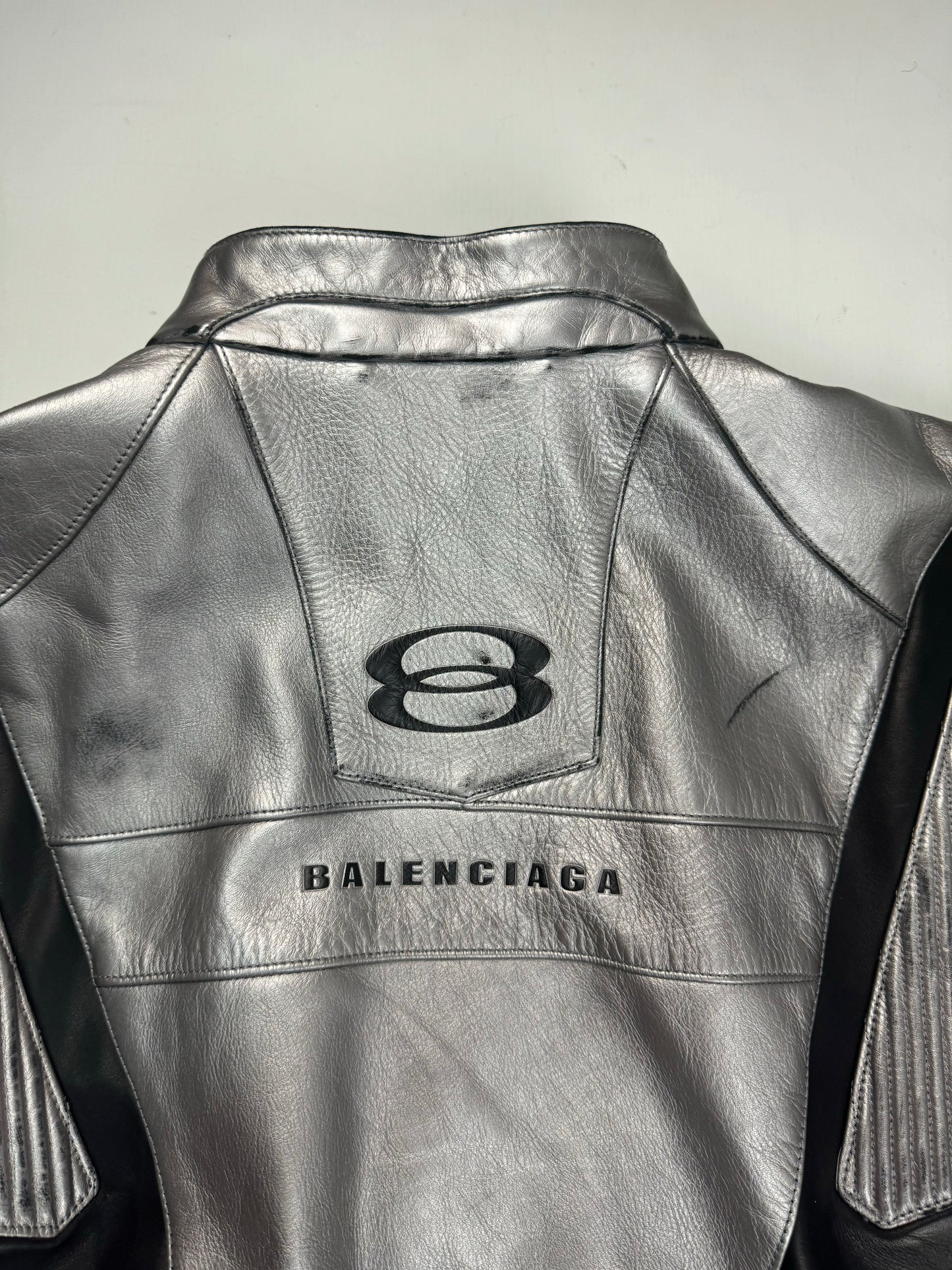 Balenciaga SS24 silver metallic Unity leather racing jacket SZ:2