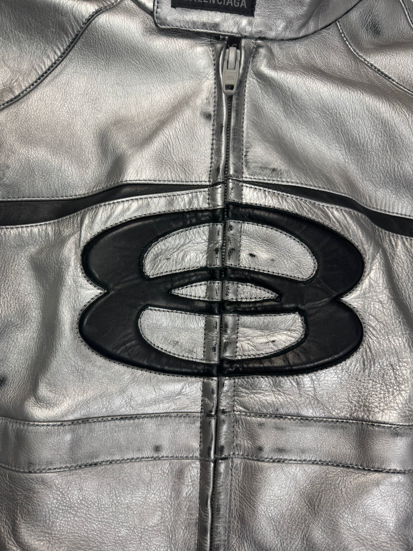 Balenciaga SS24 silver metallic Unity leather racing jacket SZ:2