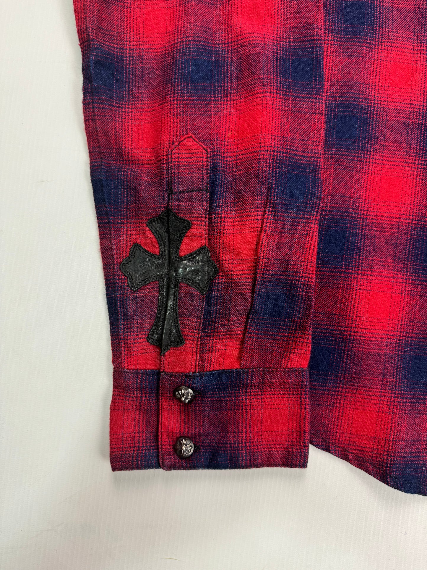 Chrome Hearts 1of1 leather cross patched rockstar plaid flannel shirt SZ:L