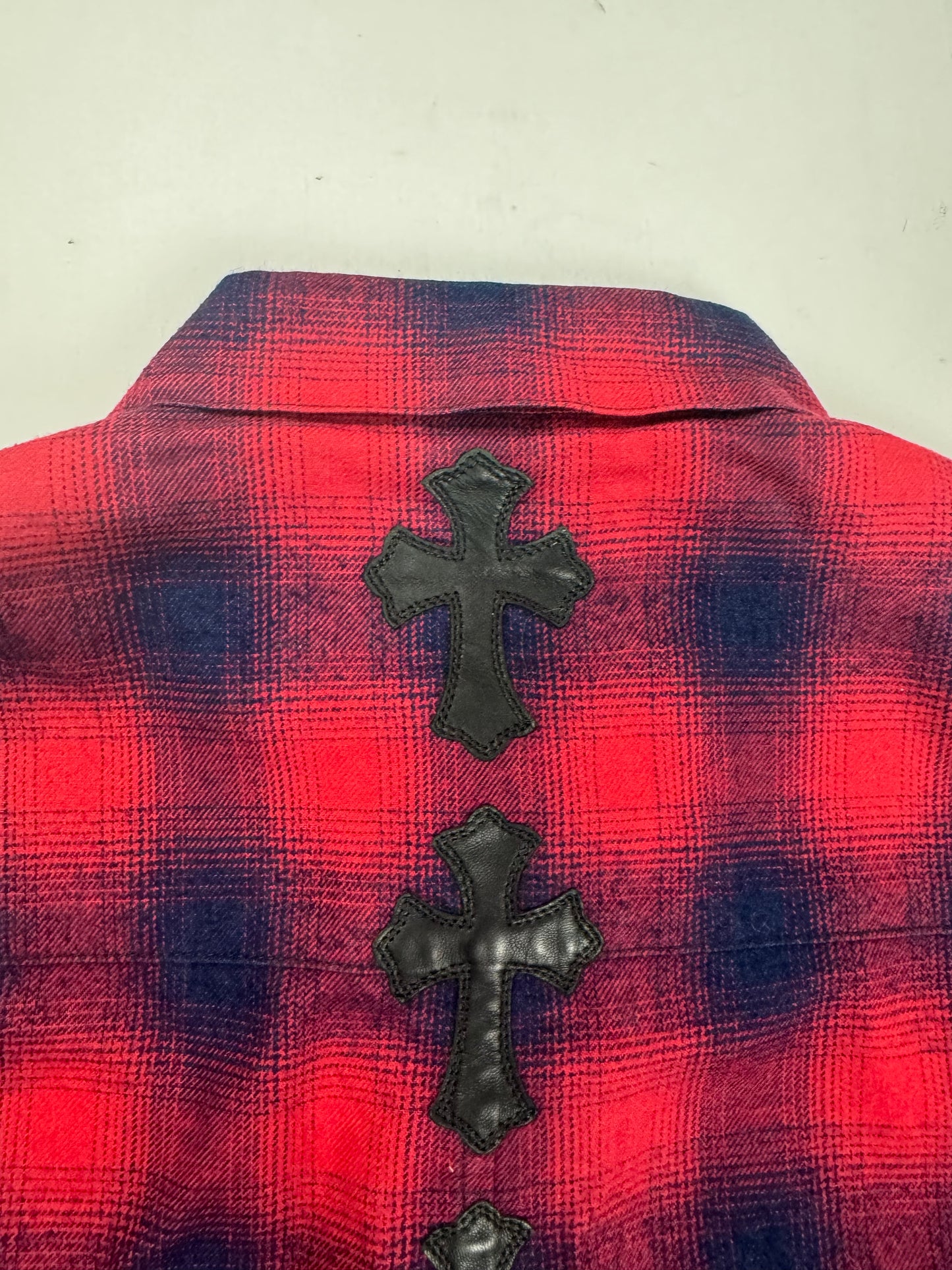 Chrome Hearts 1of1 leather cross patched rockstar plaid flannel shirt SZ:L