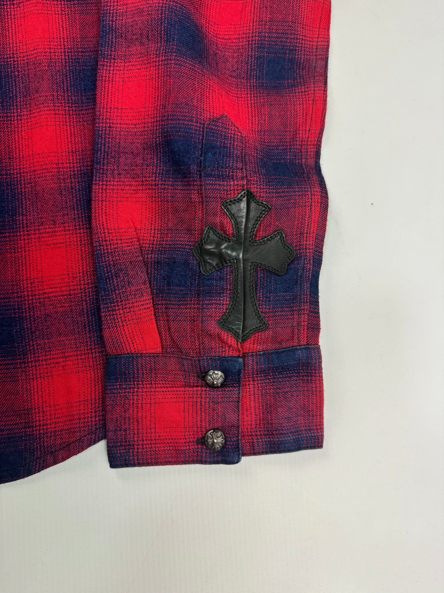 Chrome Hearts 1of1 leather cross patched rockstar plaid flannel shirt SZ:L