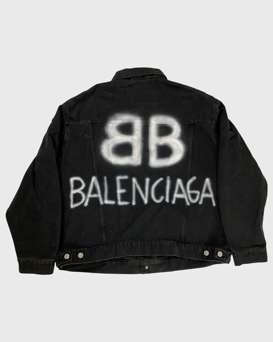 Balenciaga spray painted graffiti logo BB denim jacket in black SZ:S|XL