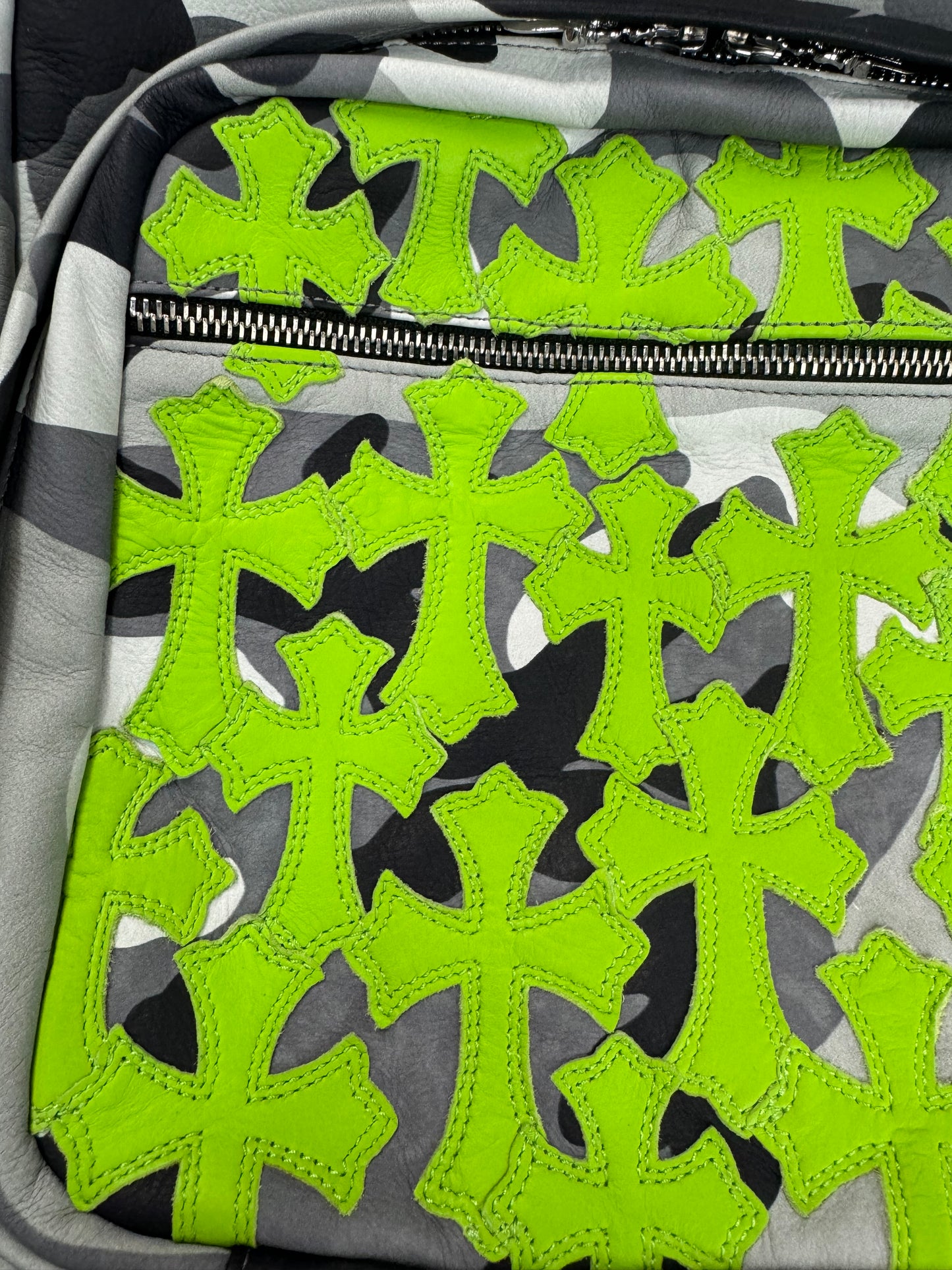 Chrome Hearts 7th Grade Special London Exclusive Snow camo backpack with lime green cross patches SZ:OS