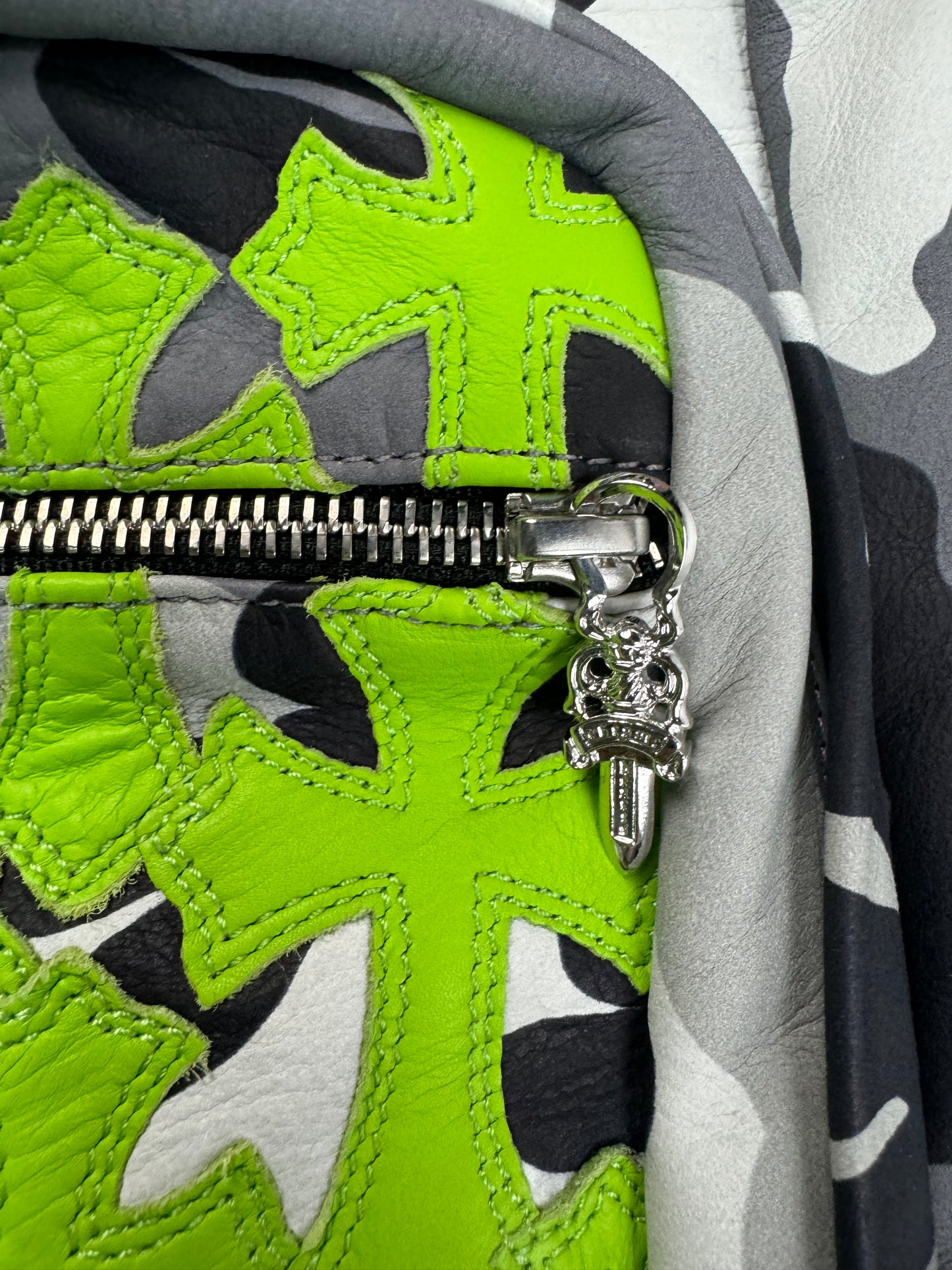 Chrome Hearts 7th Grade Special London Exclusive Snow camo backpack with lime green cross patches SZ:OS