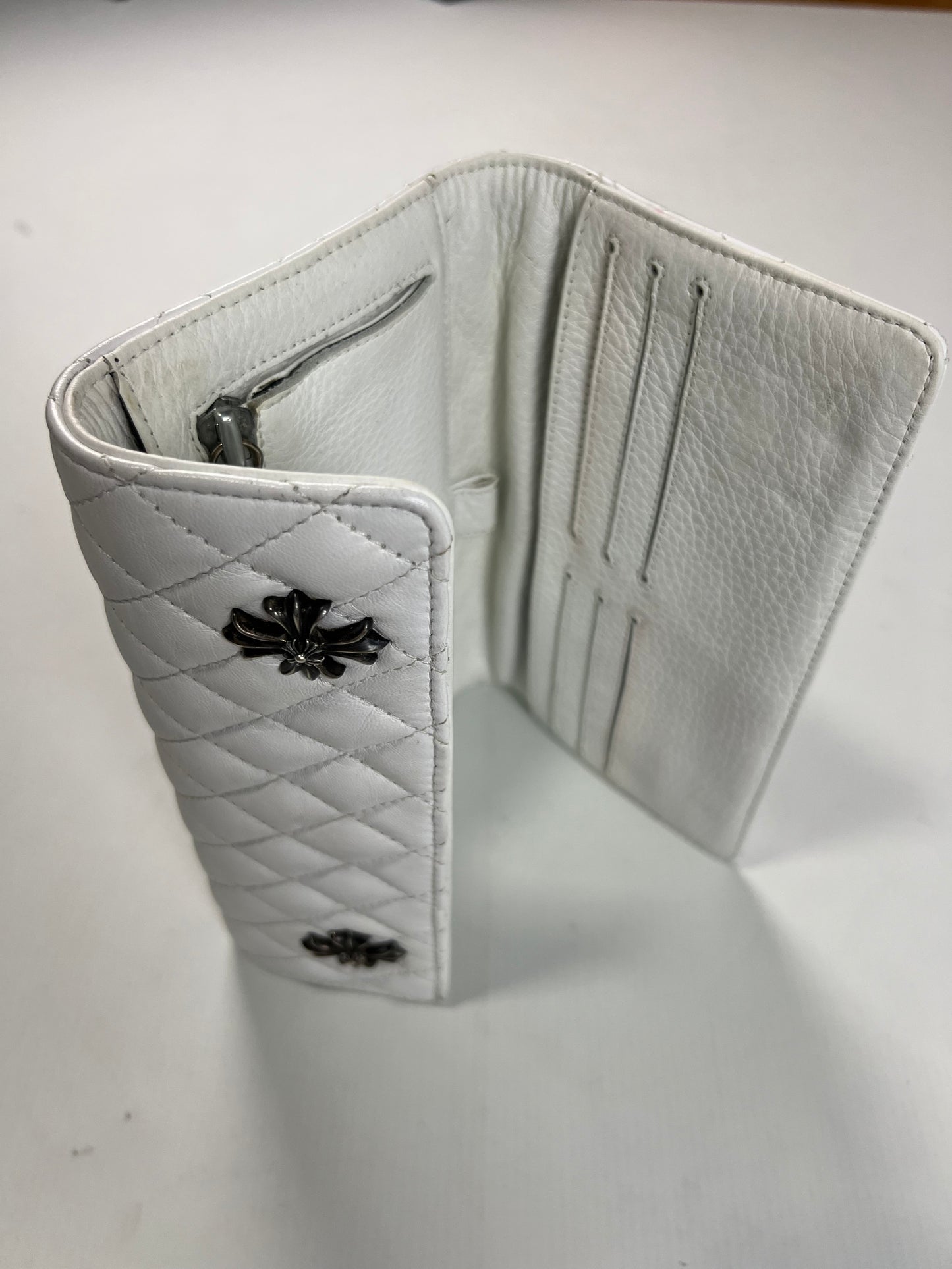 Chrome Hearts quilted white Wallet with silver crosses SZ:OS
