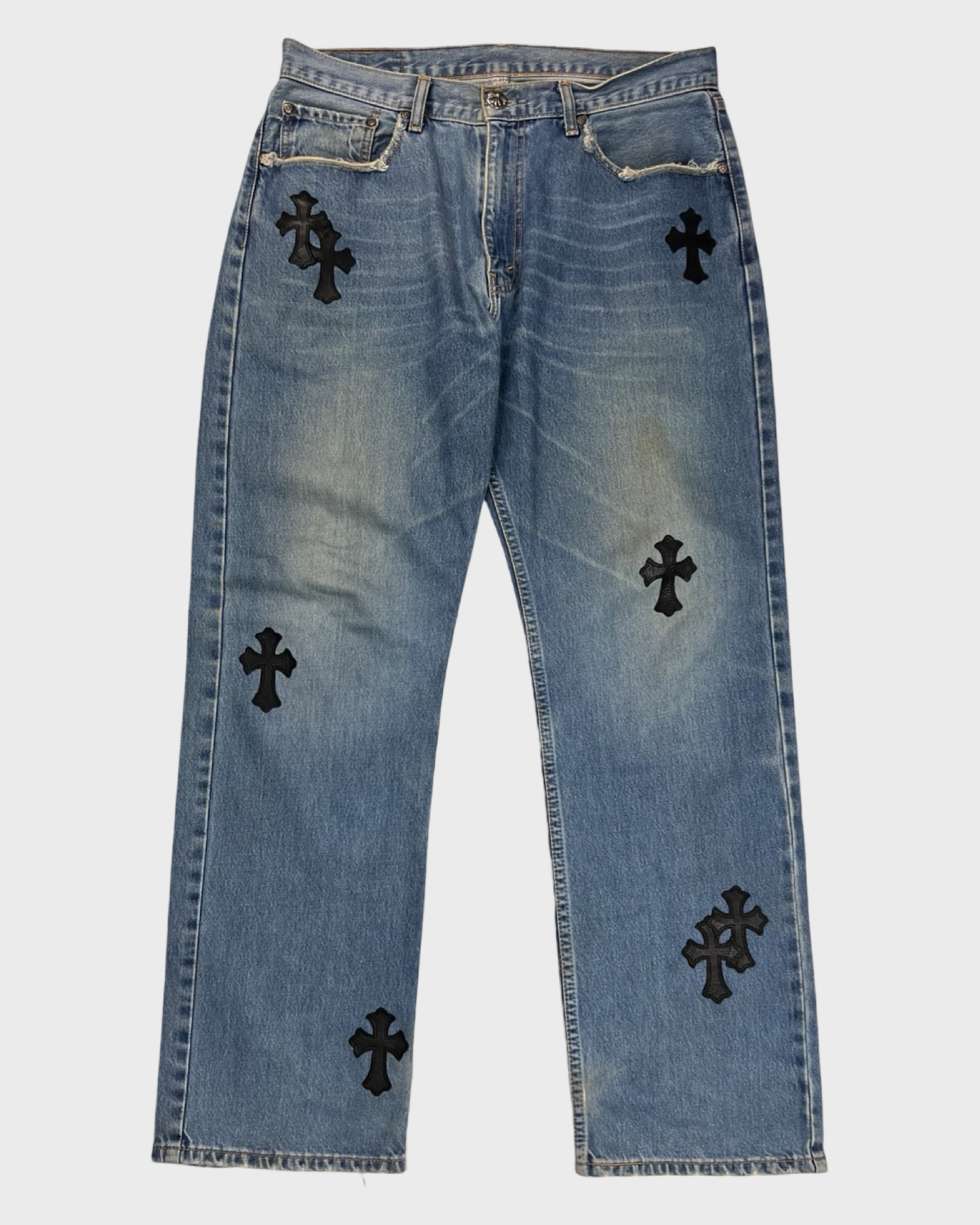 Chrome Hearts 501 Levi’s light Blue wash black Cross patched Jeans SZ:34