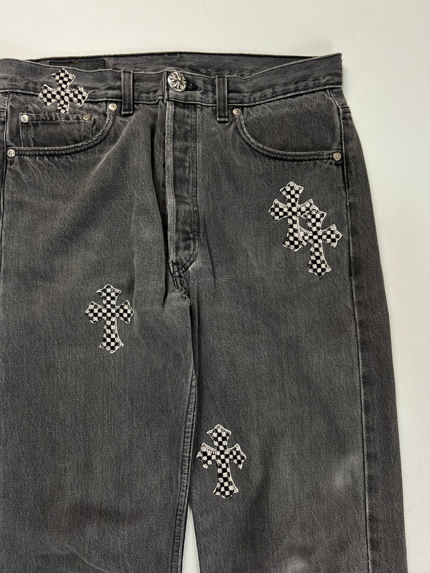 Chrome Hearts special order checkered cross patched Levi’s 501 Jeans SZ:W30