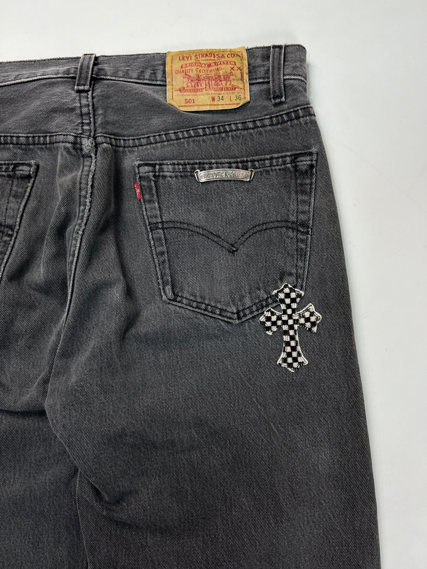 Chrome Hearts special order checkered cross patched Levi’s 501 Jeans SZ:W30