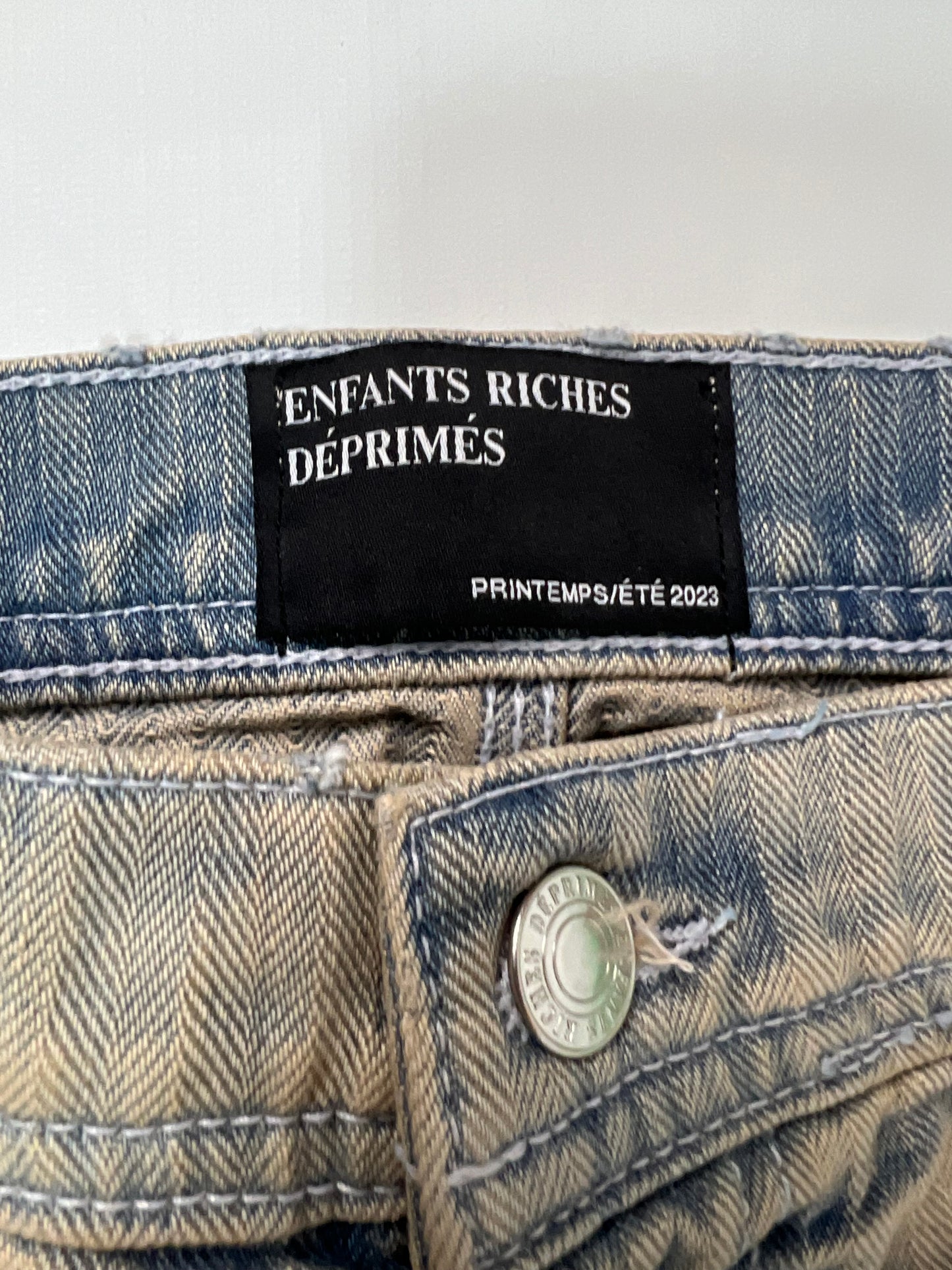 Enfants Riches Deprimes Straight Leg Paint-Splattered Distressed Herringbone Jeans SZ:W36