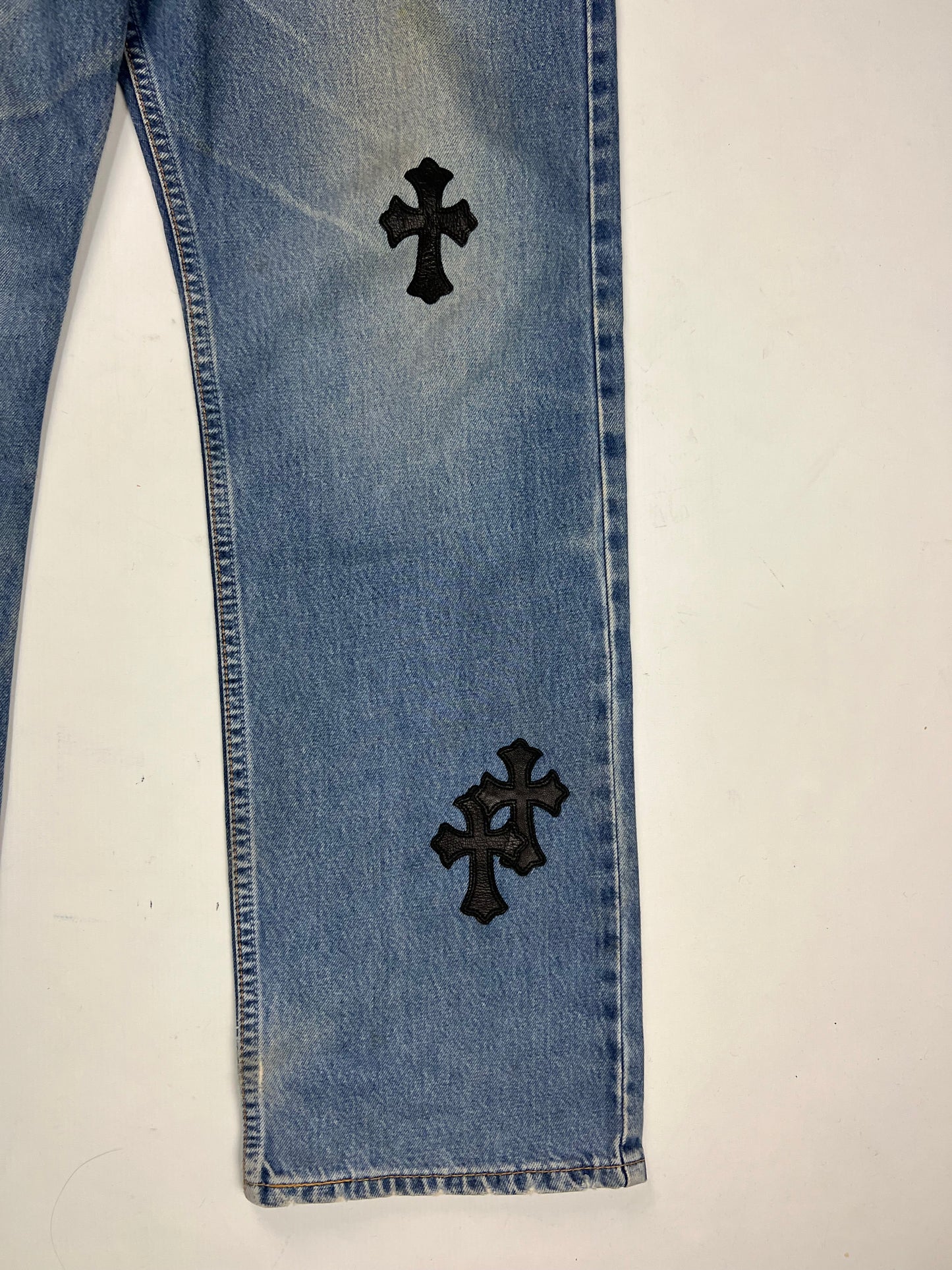 Chrome Hearts 501 Levi’s light Blue wash black Cross patched Jeans SZ:34