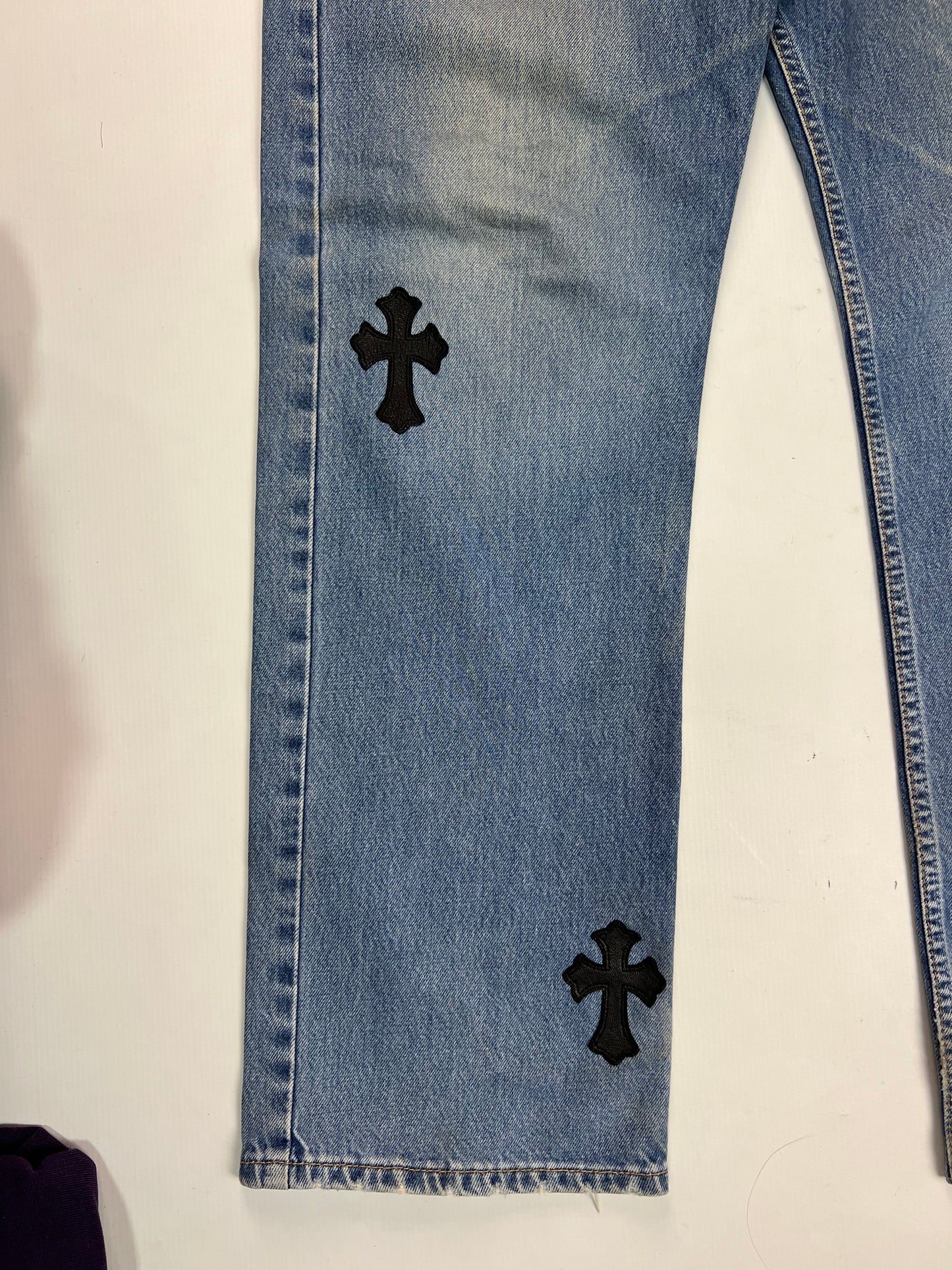 Chrome Hearts 501 Levi’s light Blue wash black Cross patched Jeans SZ:34