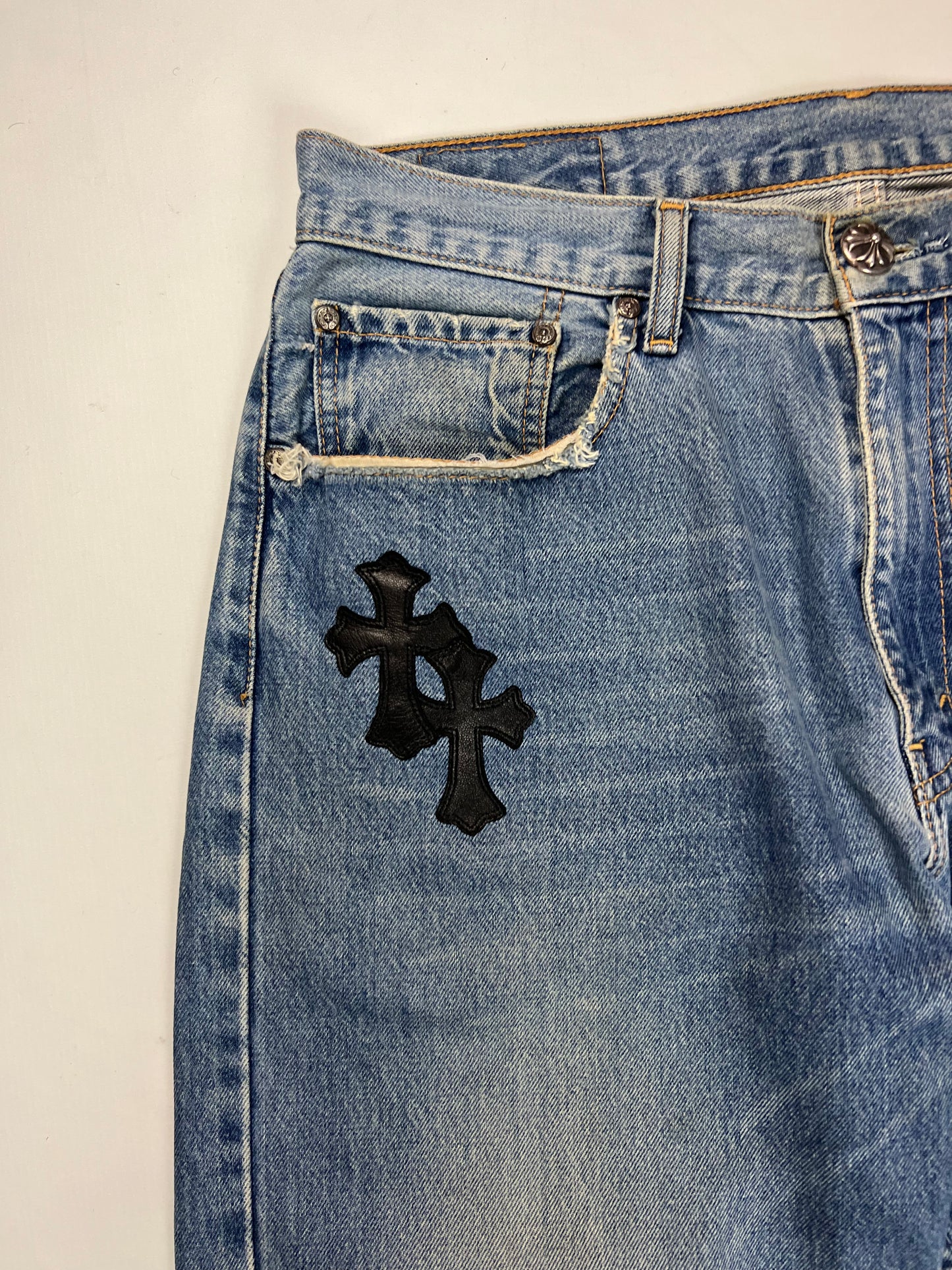 Chrome Hearts 501 Levi’s light Blue wash black Cross patched Jeans SZ:34