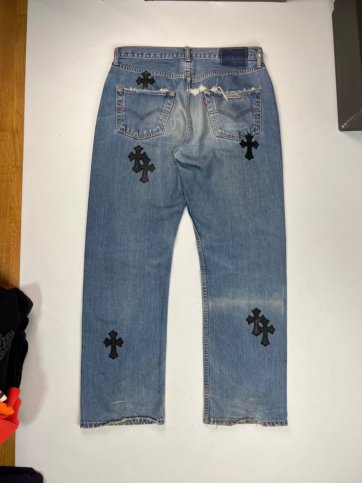 Chrome Hearts 501 Levi’s light Blue wash black Cross patched Jeans SZ:34