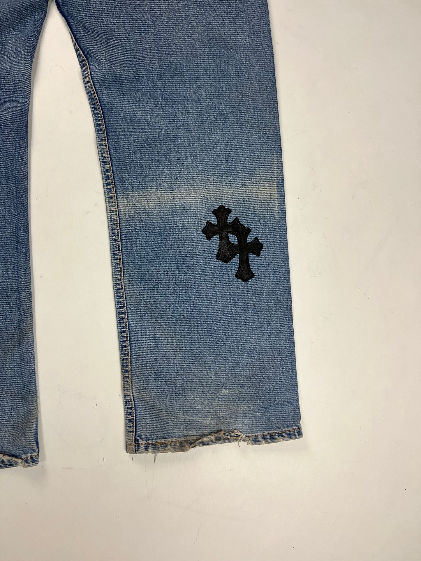 Chrome Hearts 501 Levi’s light Blue wash black Cross patched Jeans SZ:34