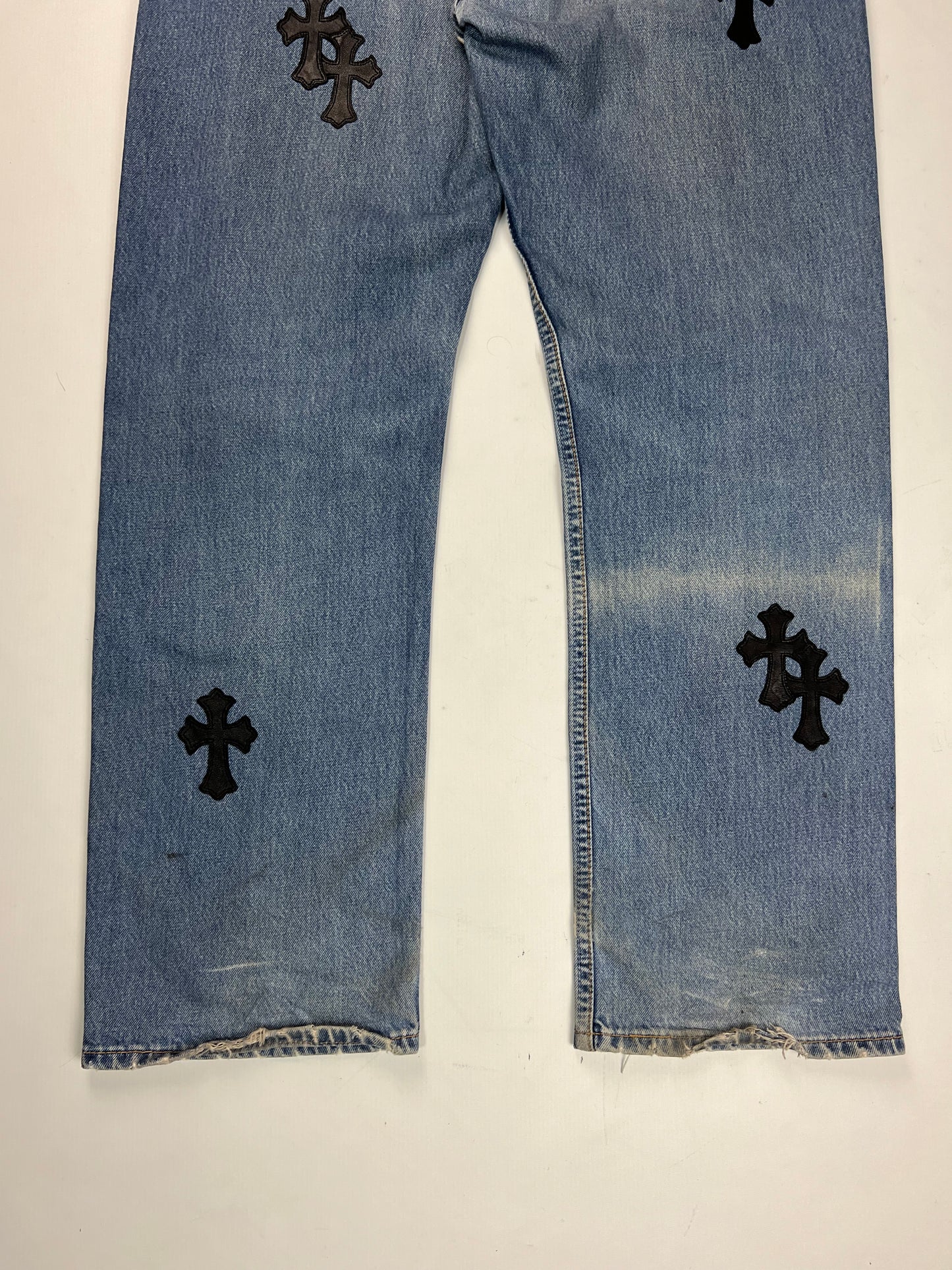 Chrome Hearts 501 Levi’s light Blue wash black Cross patched Jeans SZ:34