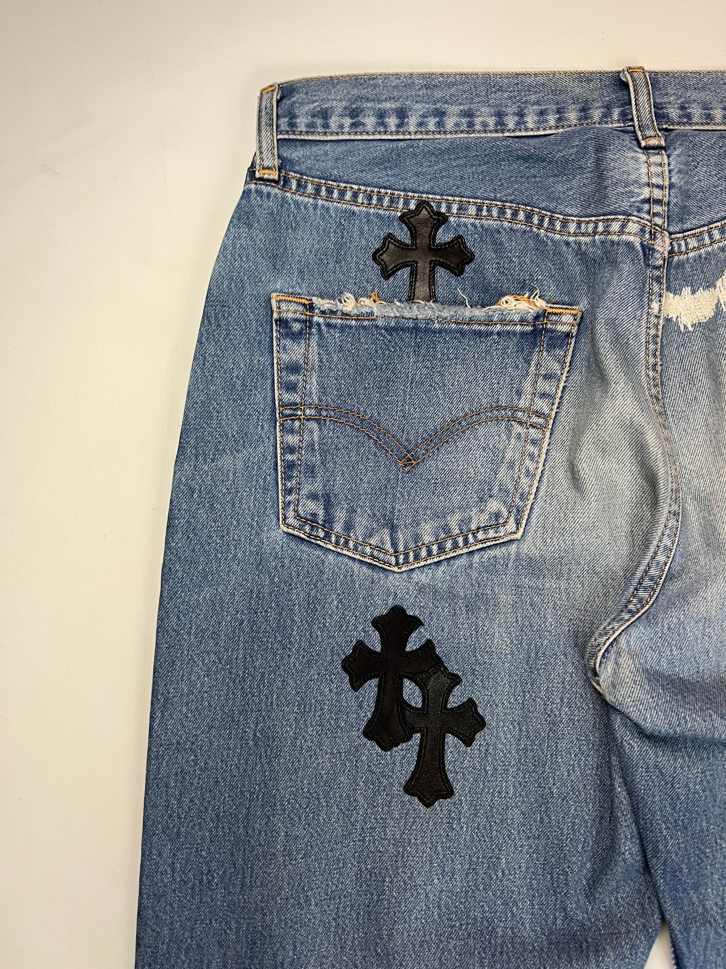 Chrome Hearts 501 Levi’s light Blue wash black Cross patched Jeans SZ:34