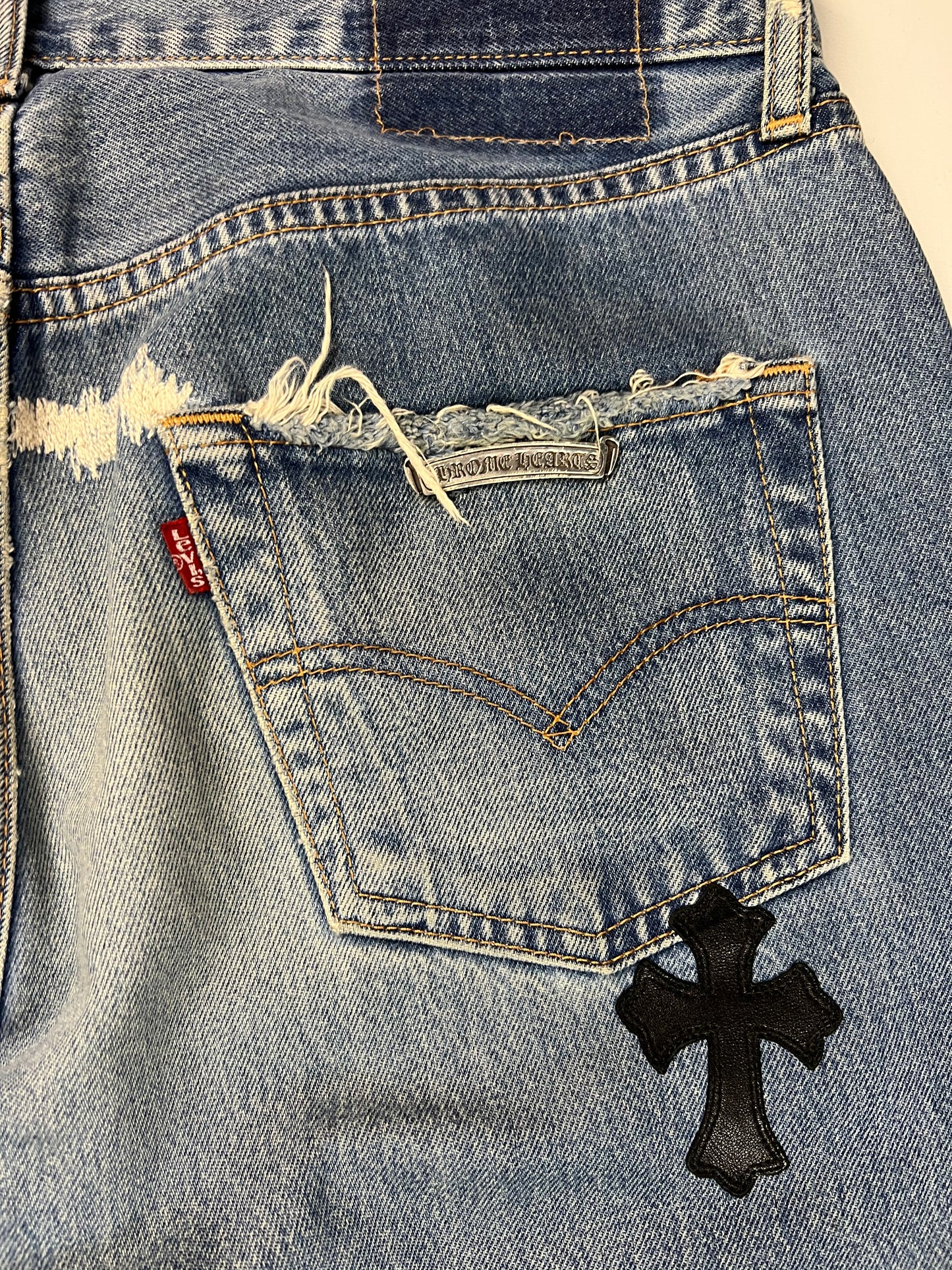 Chrome Hearts 501 Levi’s light Blue wash black Cross patched Jeans SZ:34