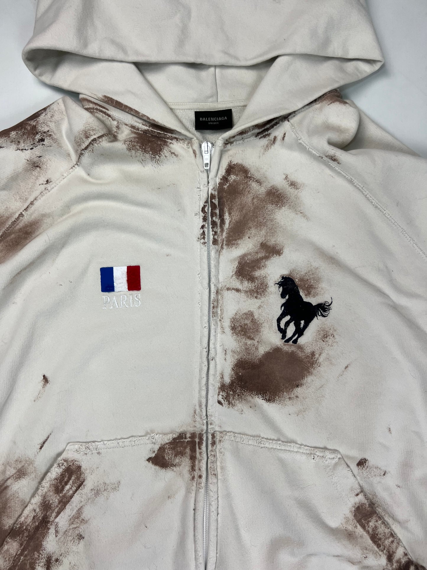 Balenciaga 1of1 sample dirty distressed muddy polo zip up hoodie in white with brown mudstains SZ:3