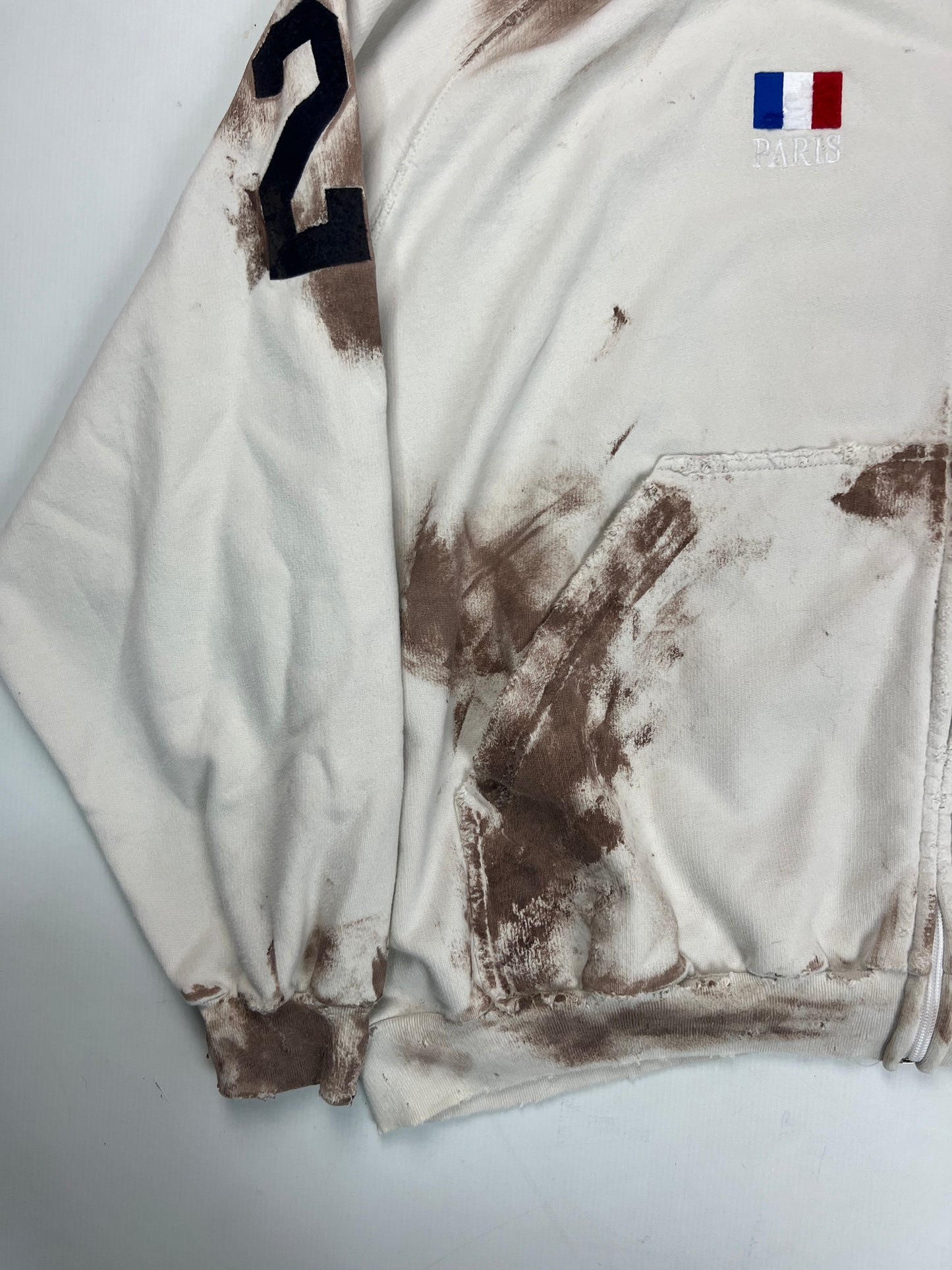 Balenciaga 1of1 sample dirty distressed muddy polo zip up hoodie in white with brown mudstains SZ:3