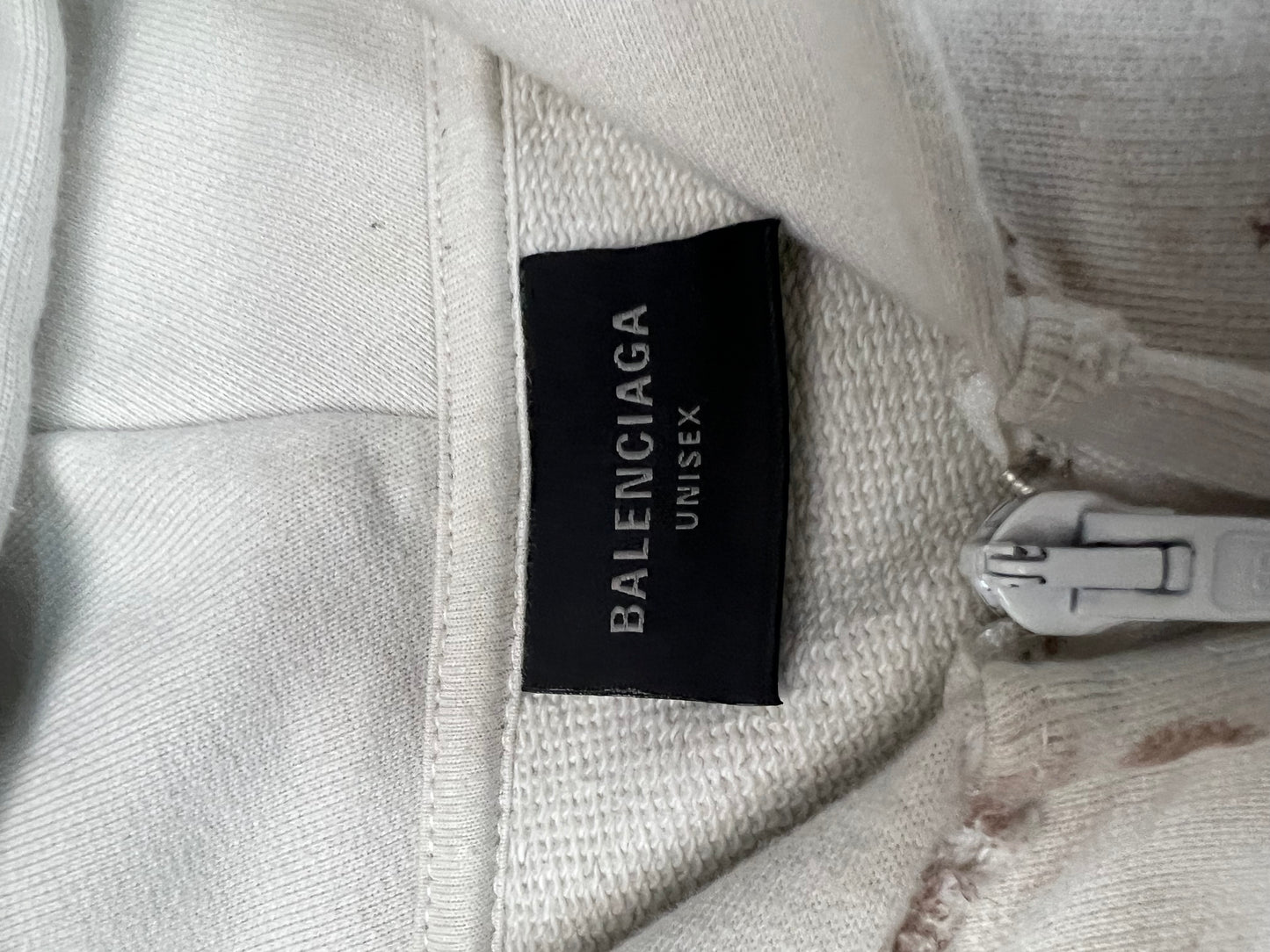 Balenciaga 1of1 sample dirty distressed muddy polo zip up hoodie in white with brown mudstains SZ:3