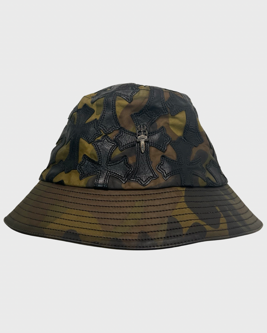 CHROME HEARTS LEATHER BUCKET HAT CROSS PATCHED CAMO SZ:OS