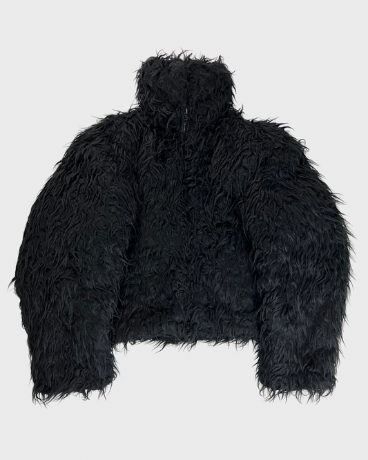 Balenciaga AW20 Faux Fur Black Cropped Raven Jacket SZ:44|46