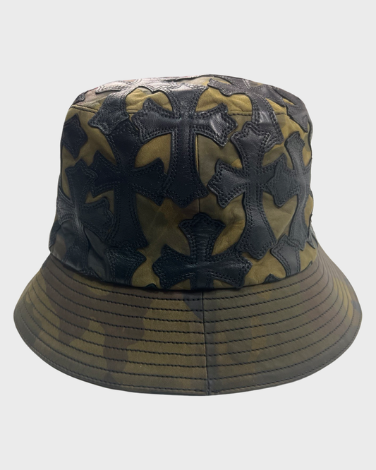 CHROME HEARTS LEATHER BUCKET HAT CROSS PATCHED CAMO SZ:OS