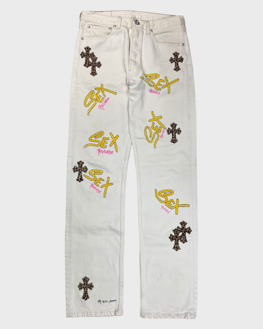 Chrome Hearts x LEVIS 501 1of1 leopard ponyhair cross patched jeans hand painted by MATTYBOY Matt Digiacomo SZ:31