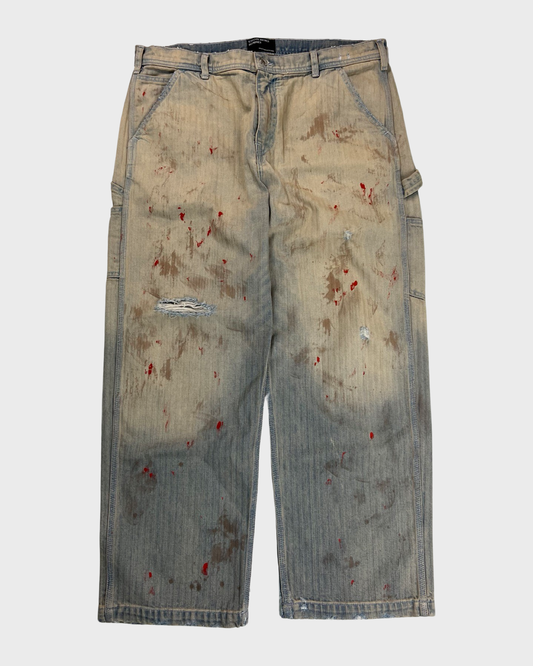 Enfants Riches Deprimes Straight Leg Paint-Splattered Distressed Herringbone Jeans SZ:W36