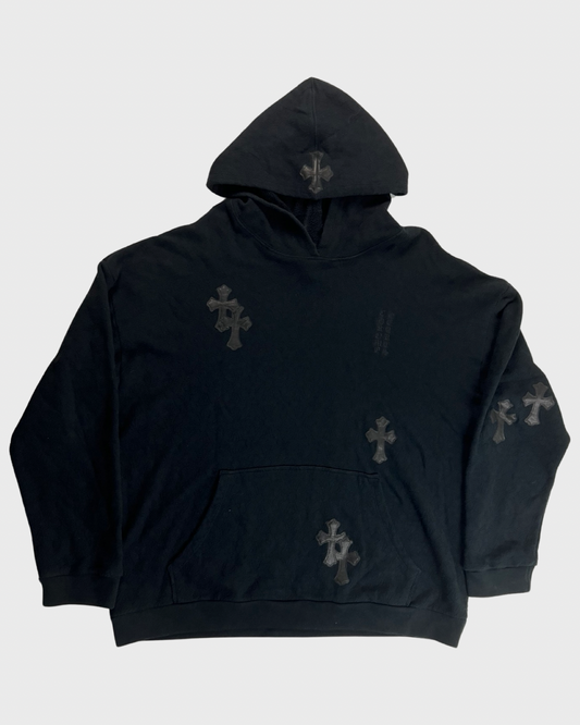 Chrome Hearts VIP Special order leather cross patched Hoodie black SZ:L