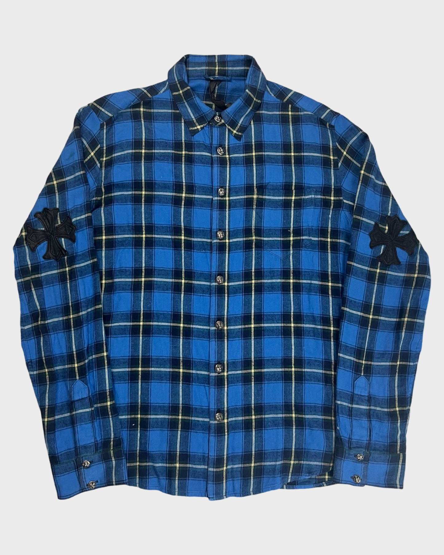 Chrome Hearts Cross Patched Flannel Shirt checkered blue SZ:L