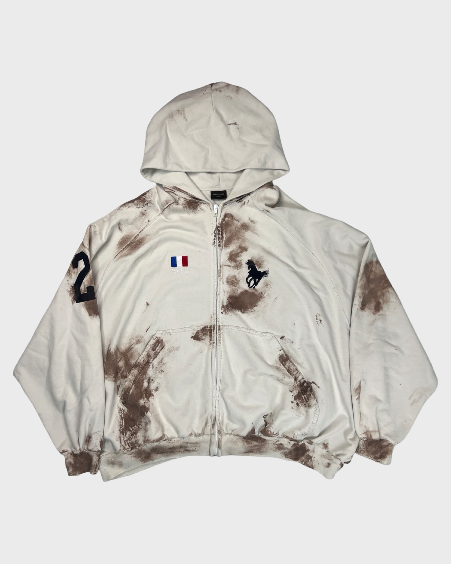 Balenciaga 1of1 sample dirty distressed muddy polo zip up hoodie in white with brown mudstains SZ:3