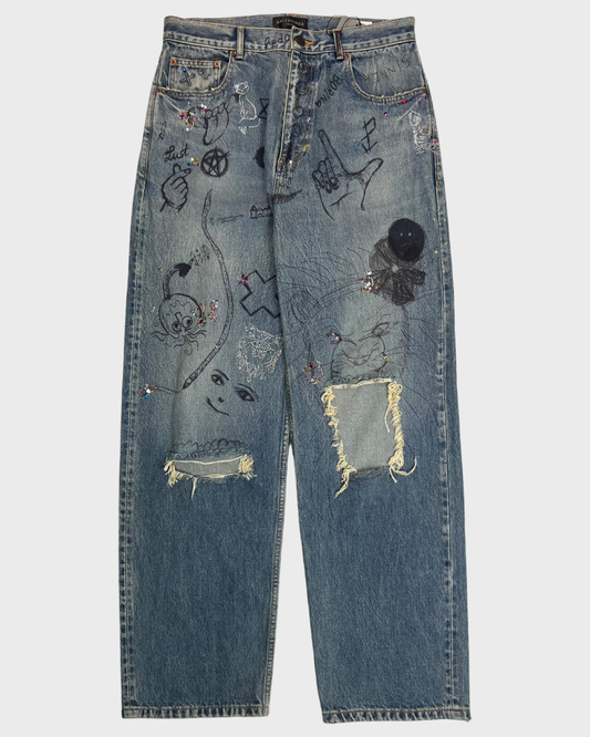 Balenciaga AW22 Rhinestone Crystal Jeans Ripped SZ:S