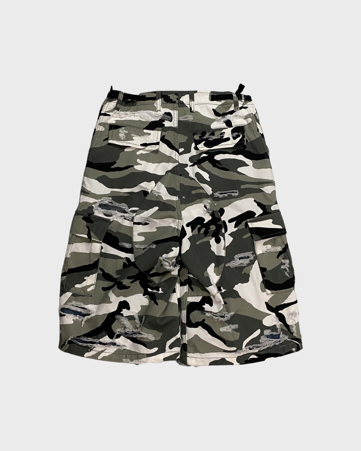 BALENCIAGA trompe loeil snow camo destroyed denim layered snow camo shorts SIZE:M