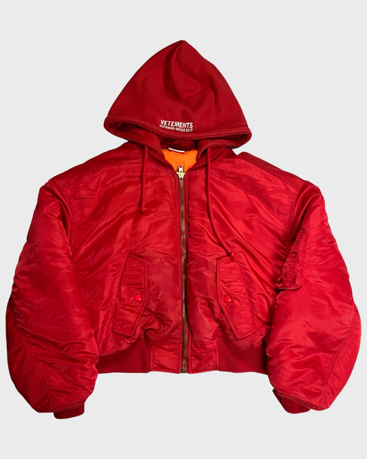 Vetements AW16 cropped red Bomber MA1 jacket SZ: S