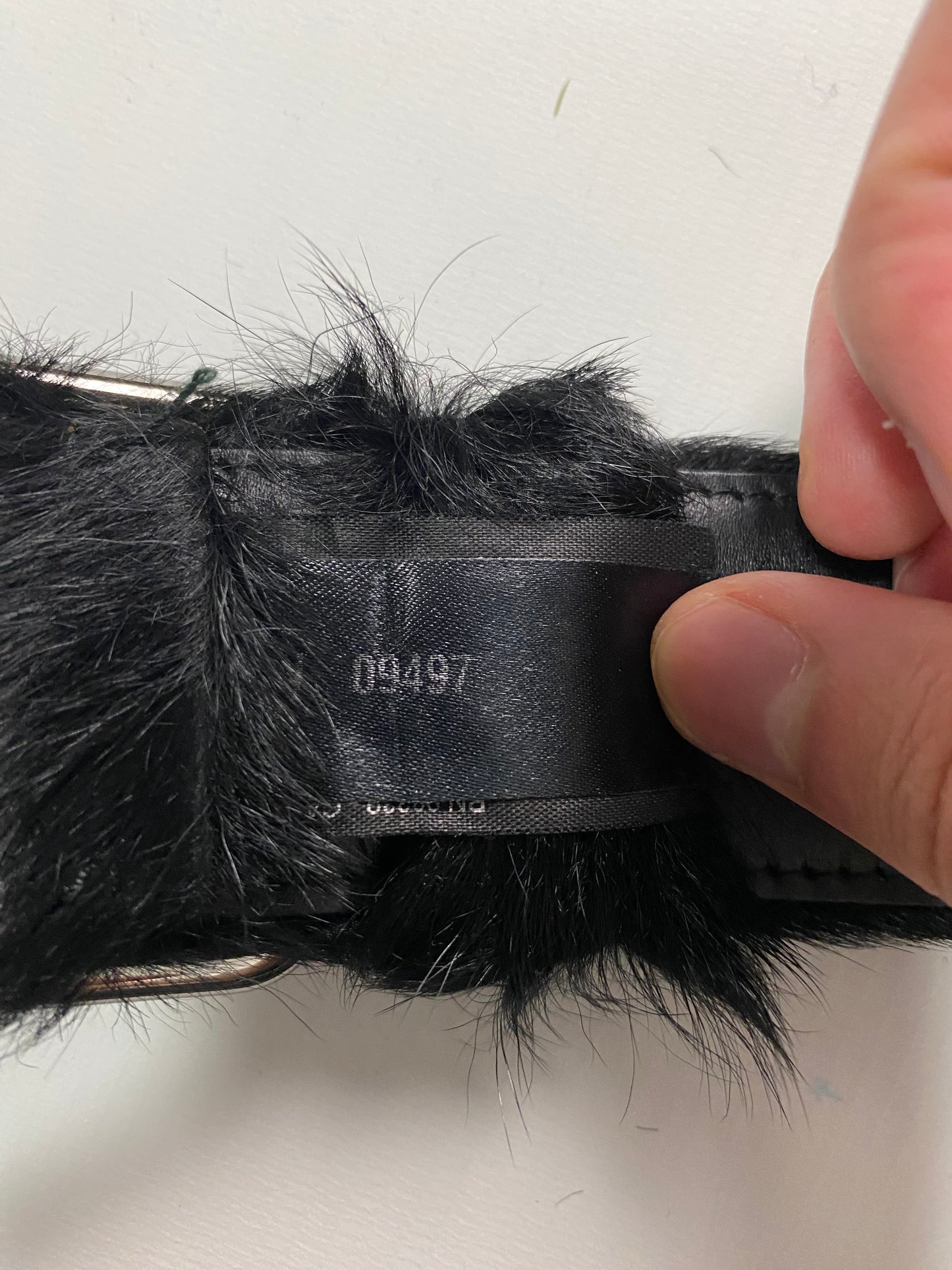 Prada AW17 pony hair fur belt in black with silver hardware SZ:95