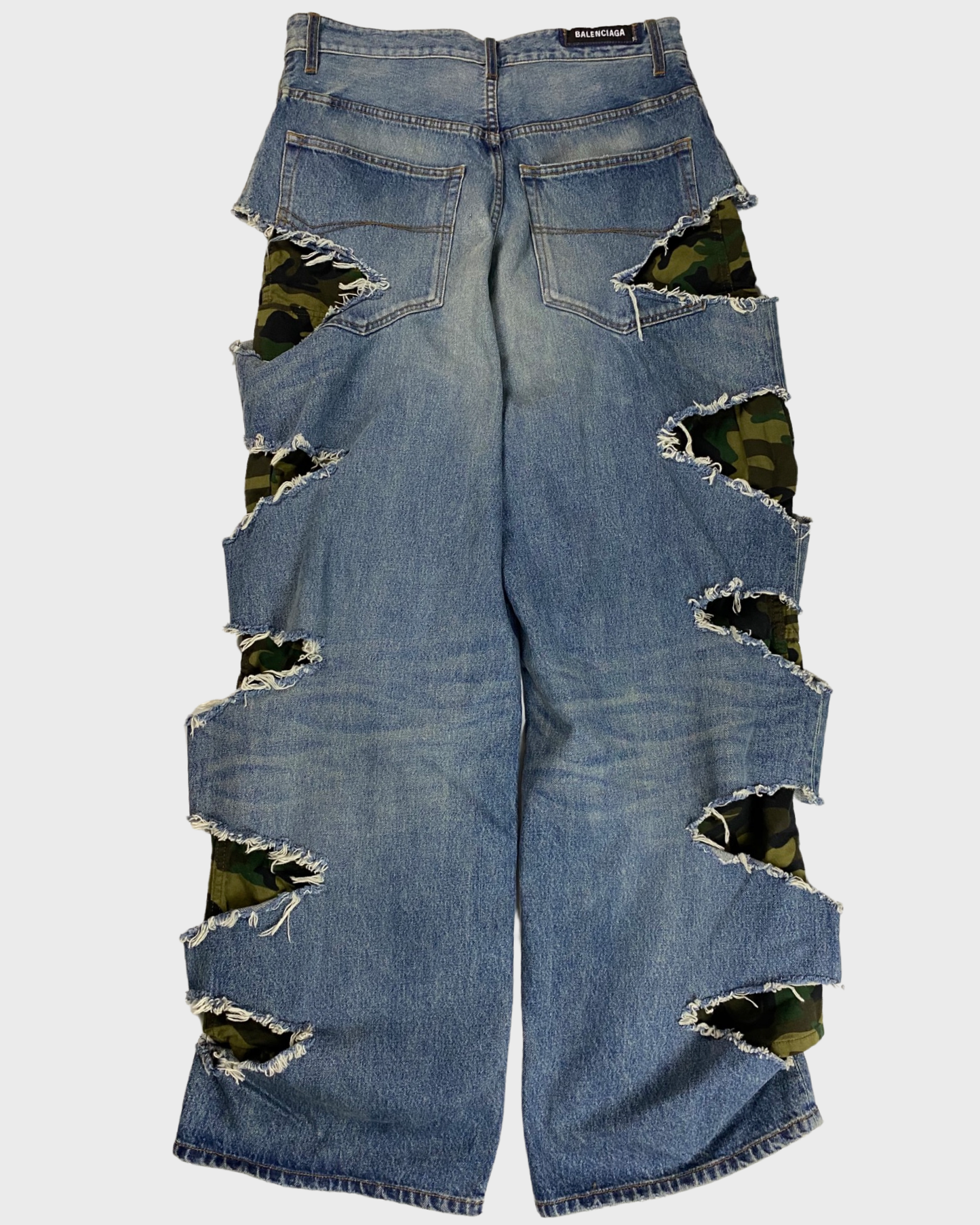 Balenciaga AW21 afterworld slashed baggy camo layered blue jeans SZ:XS|S