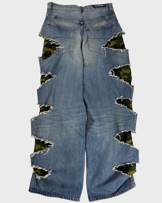 Balenciaga AW21 afterworld slashed baggy camo layered blue jeans SZ:XS ...