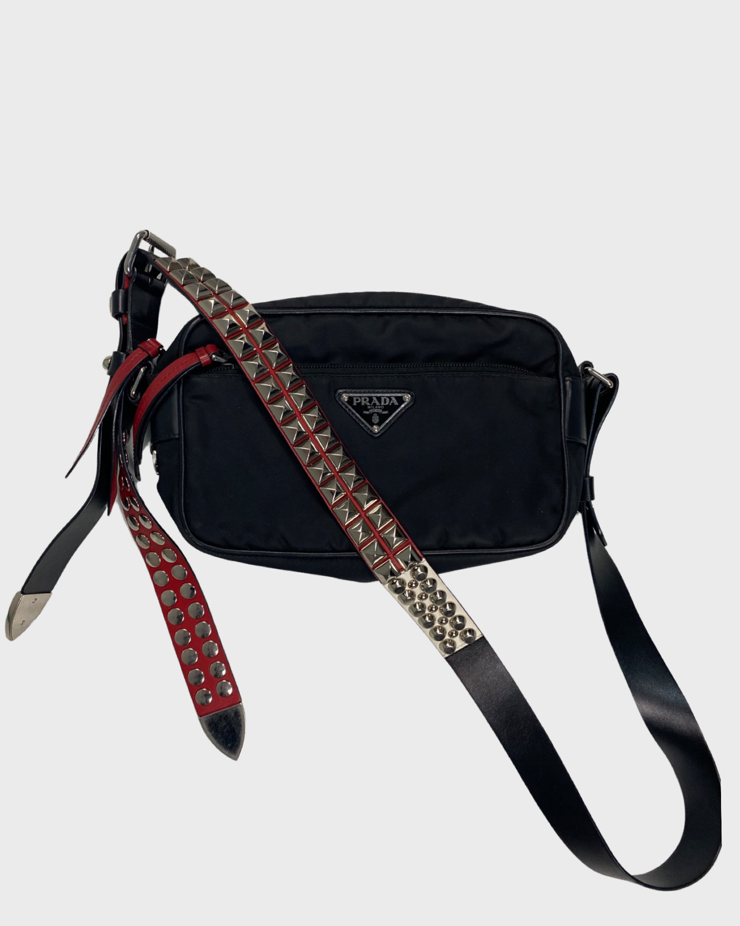 Prada Red/Black Nylon and Leather New Vela Studded Messenger Bag
