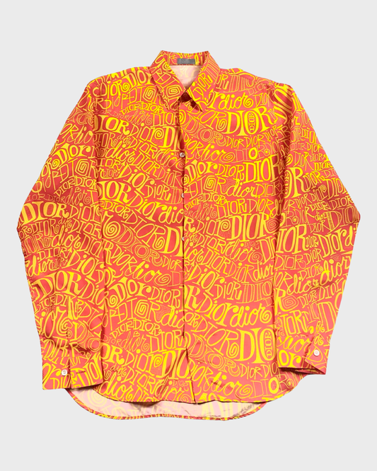 DIOR X SHAWN STÜSSY AW20 CORAL PINK & YELLOW VISCOSE SHIRT SIZE:L