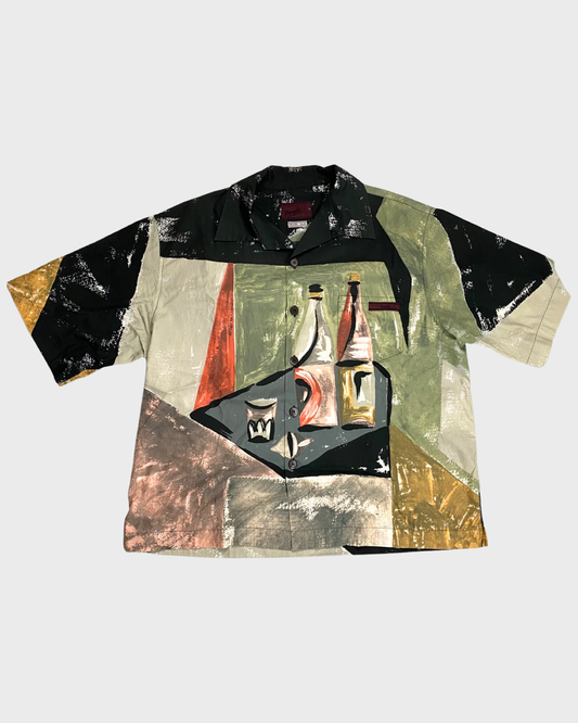 Prada SS17 camp collar bowling shirt wine bottle painting SZ:L