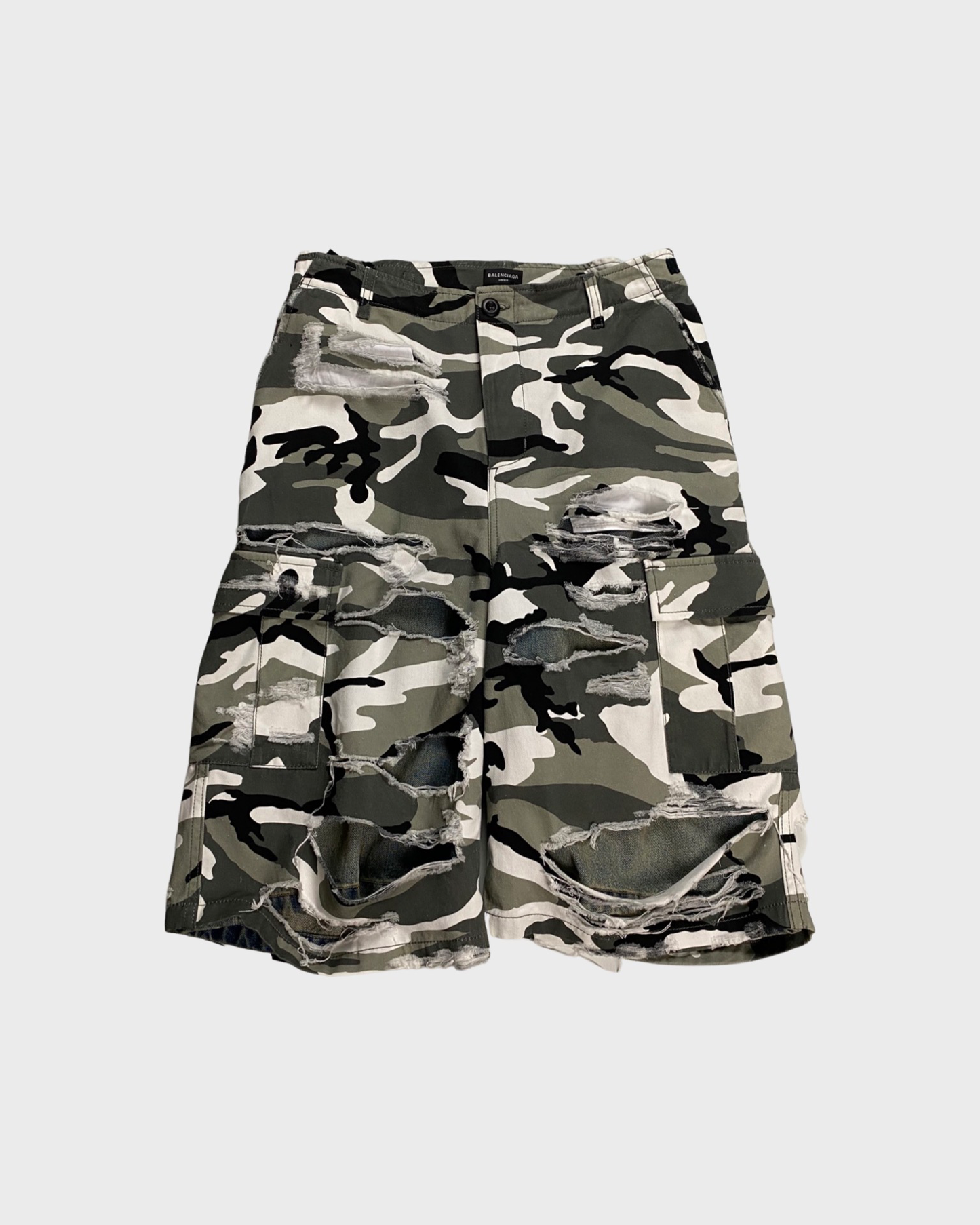 BALENCIAGA trompe loeil snow camo destroyed denim layered snow camo shorts SIZE:M